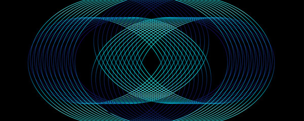 Poster - Abstract geometric circles and lines transparent overlay with purple blue green gradient light isolated on black background. Vector backdrop, banner in concept modern, technology, digital, science.