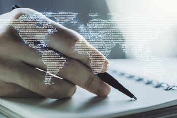 Wall Mural - double exposure of abstract digital world map and man hand writing in notebook on background, resear