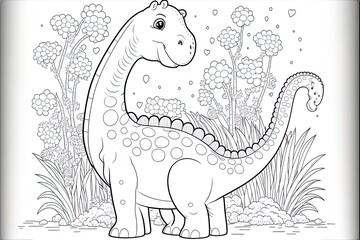 Wall Mural - Cute baby dinosaur coloring page template. Cute diplodocus on abstract floral background.