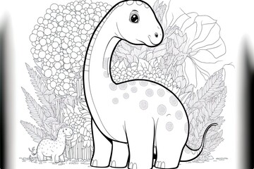 Wall Mural - Cute baby dinosaur coloring page template. Cute diplodocus on abstract floral background.