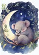 baby koala dreaming surrounded by the woods, moon, clouds and stars, watercolor nursery decor, AI assisted finalized in Photoshop by me