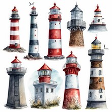Different Lighthouses, High Detailed Clipart On White Background, Watercolor Painting