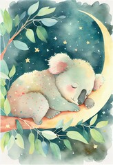 baby koala dreaming surrounded by the woods, moon, clouds and stars, watercolor nursery decor, AI assisted finalized in Photoshop by me