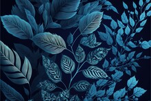  A Blue And Green Wallpaper With Leaves And Branches On It's Side And A Black Background With A Blue Border And A White Border.  Generative Ai