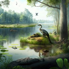  A Painting Of A Bird Standing On A Small Island In A Swampy Area With A Pond And Birds Flying Around It And A Few Trees.  Generative Ai