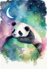 baby panda dreaming surrounded by the woods, moon, clouds and stars, watercolor nursery decor, AI assisted finalized in Photoshop by me