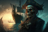 A pirate with a skull on his chest and a ship in the background