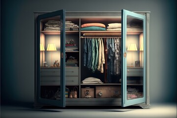 Wall Mural -  a closet with a bed and a suitcase in it and a lamp on the side of the closet and a bed in the middle of the closet.  generative ai