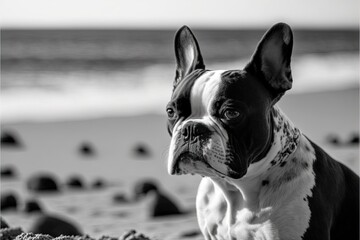  a black and white photo of a dog on the beach with rocks in the background and the ocean in the background, with a black and white border.  generative ai