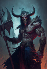 Wall Mural - a painting of a demon holding a large axe, concept art, art illustration 