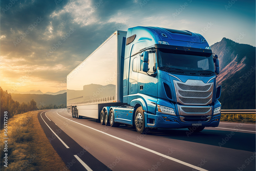 a blue semi truck driving down a road at sunset with mountains in the ...