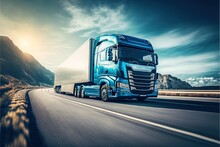  A Blue Semi Truck Driving Down A Road With Mountains In The Background At Sunset Or Dawn With A Bright Sun Shining On The Truck's Cab.  Generative Ai