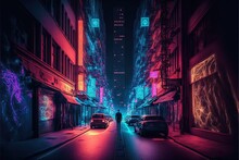  A City Street With Neon Lights And Cars Parked On The Side Of The Street And A Person Walking Down The Street In The Distance With A Neon Light.  Generative Ai