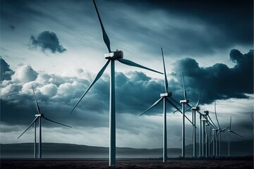  a group of wind turbines in a field under a cloudy sky with dark clouds above them and a dark sky above them with dark clouds.  generative ai