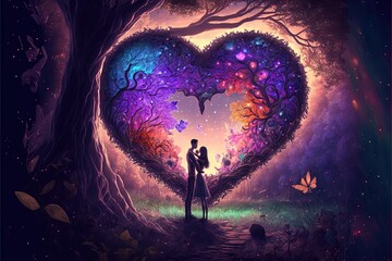 Wall Mural - a couple standing in a heart shaped forest with butterflies flying around them and a butterfly flyin