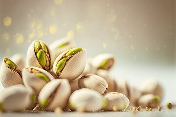  a pile of nuts with green leaves on top of them and a blurry background behind them, with a light colored background and a light colored background.  generative ai