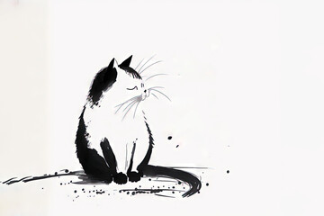 Sticker -  a cat sitting on the ground with a chinese writing on it's back side and a black and white cat sitting on the ground.  generative ai