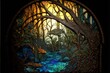  a stained glass window with a river and trees in it and a bird flying over the water below it, with a sunlit forest in the background.  generative ai