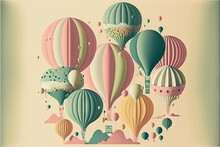  A Group Of Hot Air Balloons Flying Through The Sky With Clouds And Stars On Them, With A Pastel Background And A Pastel Background.  Generative Ai