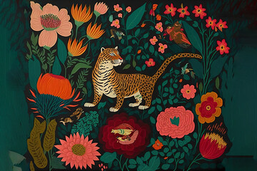 Sticker -  a painting of a tiger surrounded by flowers and birds on a black background with a green border and a white border with a red border.  generative ai