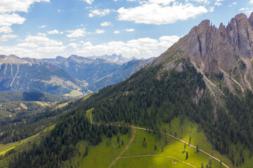 Drone photography of mountain forest, trails and peaks