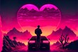 valentine's day background, synth wave style, 80's, hearts, sunset, sunrise, digital landscape
