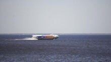 Meteor Jet Boat With Tourists At Water Surface. Footage. Water Transport Isolated.