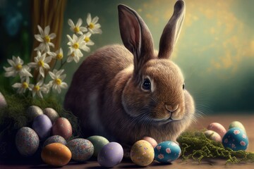 Easter bunny with Easter eggs - generative ai