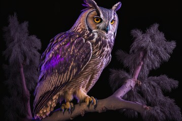 Wall Mural - purple eagle owl perched on branch Generative AI