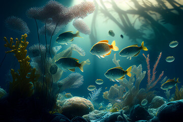 Wall Mural - Colorful coral reef and fish. Clean underwater world scene. (Created with Generative AI technology)