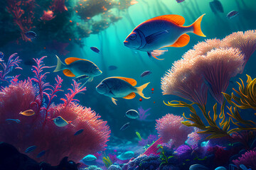 Wall Mural - Colorful coral reef and fish. Clean underwater world scene. (Created with Generative AI technology)