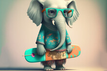 Cute And Clumsy Elephant Wearing A Pair Of Sunglasses And Carrying A Surfboard, Generative Ai