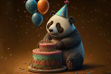 Funny And Playful Panda Bear Wearing A Party Hat And Holding A Birthday Cake, Generative Ai