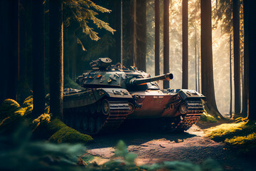 Wall Mural - Battle tank in the  forest.  Generative AI.