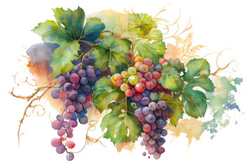 Wall Mural - Watercolor drawing of ripe bunches of grapes with green leaves on a white background. Generative AI.