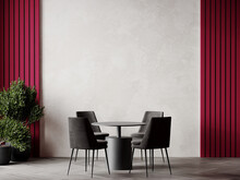 Meeting Area Or Dining Room With Large Black Round Table And Gray Chairs. Empty Wall Microcement Plaster Textura. Viva Magenta 2023 Trend Color Accent. Dinning Modern Kitchen Interior. 3d Render