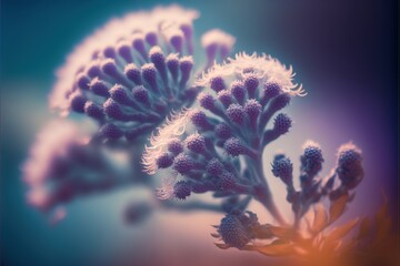  a close up of a flower with a blurry background of the flower head and leaves in the foreground, with a blue sky in the background.  generative ai