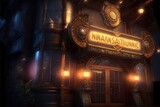 Fototapeta Big Ben - Steampunk night club entrance, generative AI
