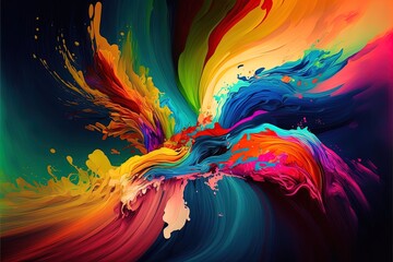 Wall Mural - Abstract colorful bright vivid colors liquid acrylic paint motion flow on black background with swirls and paint explosions and drops. Business background template