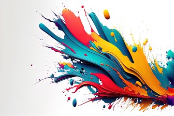 Wall Mural - Abstract colorful bright vivid colors liquid acrylic paint motion flow on white background with swirls and paint explosions and drops. Business background template