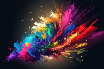 Poster - Abstract colorful bright vivid colors liquid acrylic paint motion flow on black background with swirls and paint explosions and drops. Business background template