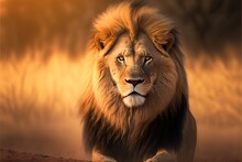  A Lion Is Walking In The Desert With A Golden Background And A Black Mane And Eyes Are Slightly Open And A Brown Mane Is In The Foreground.  Generative Ai