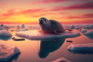  a seal on an ice floet with a sunset in the background and a few ice chunks floating on the water and ice floes.  generative ai