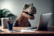 T Rex dinosaur, Tyrannosaurus rex in the room concept. Big aggressive dino is in an office settings sitting at a desk with a laptop and computer working, taking care of business. . Generative ai