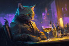Cat With Cocktail Sitting At The Table In The Night Club, Generative Ai