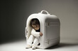 Luggage child - concept portrait of a child living out of a suitcase or traveling because of shared custody - isolated, on a background with copy space, not based on a real person, Generative AI