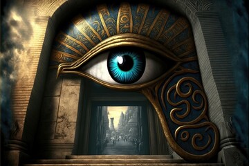 Eye of Horus, wedjat eye or udjat eye at the entrance to the temple of the Pharaohs abstract background. Generative AI