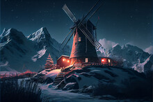 Windmill And Mountains At Night And Barn Digital Art. Beautiful Windmill