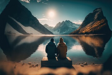 couple sitting in front of a lake, Generative AI