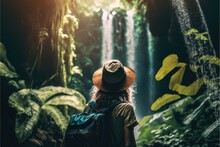 Woman In Front Of A Waterfall In A Tropical Forest, Adventure, Generative AI